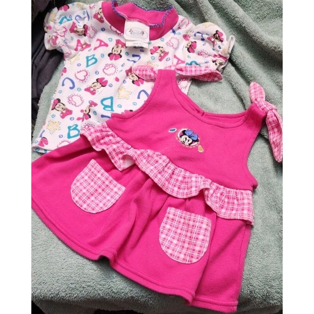 Vintage 90s Mickey Minnie Mouse Dress Baby Toddler 12 Months ABC Pink Gingham